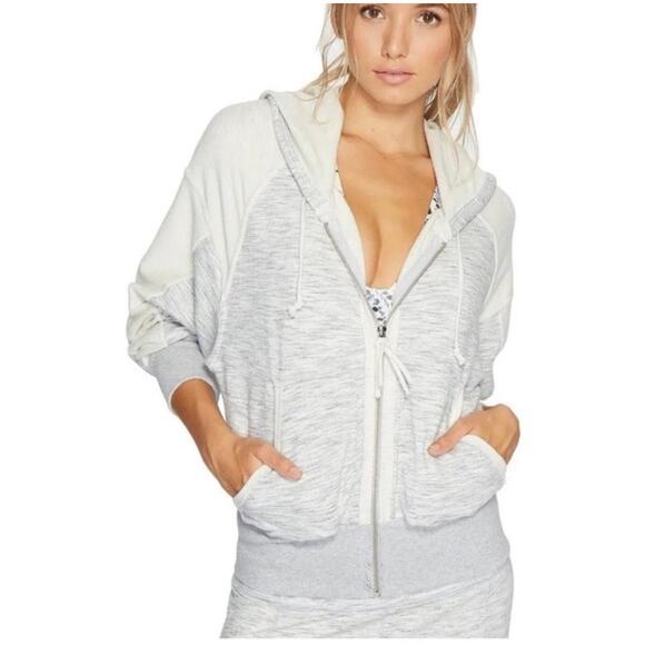 Free People Cozy Shadow Boxer Hoodie Zip Gray Cream Colorblock Size Small - Picture 3 of 8